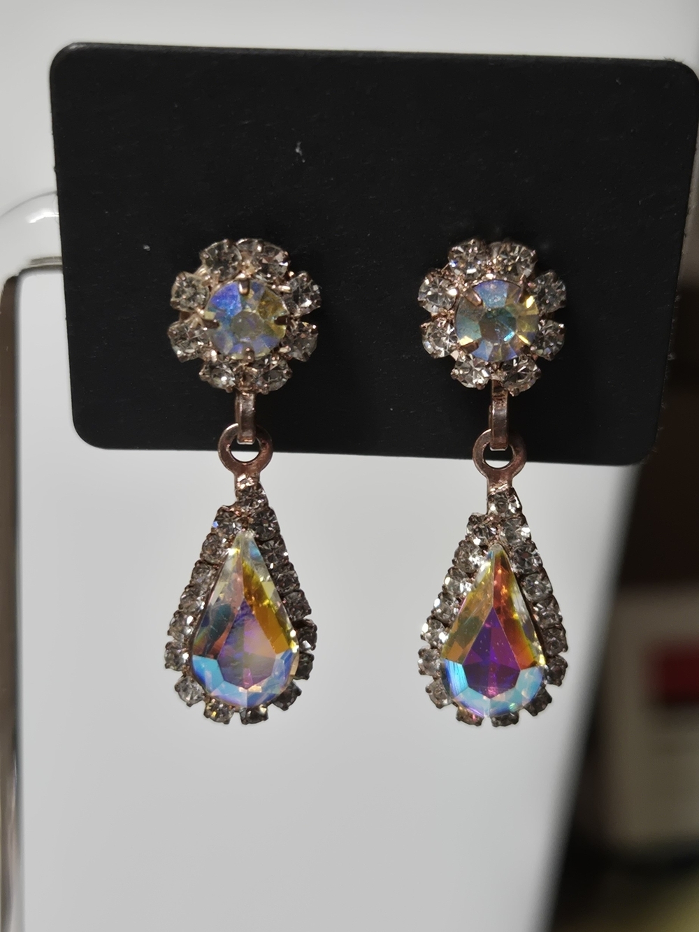 Vintage Iridescent AB Crystal Rainbow Color Teardrop Drop Earrings - Picture 8 of 14